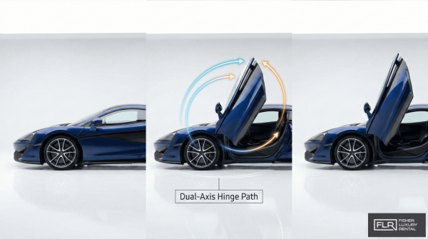 Three-stage sequence showing butterfly door opening upward and outward.