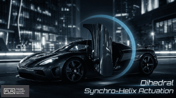 Hypercar door opening outward and upward in a dihedral synchro-helix motion.