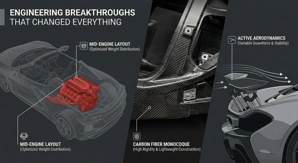 Technical composite showing mid-engine layout, carbon fiber chassis, and active rear wing.