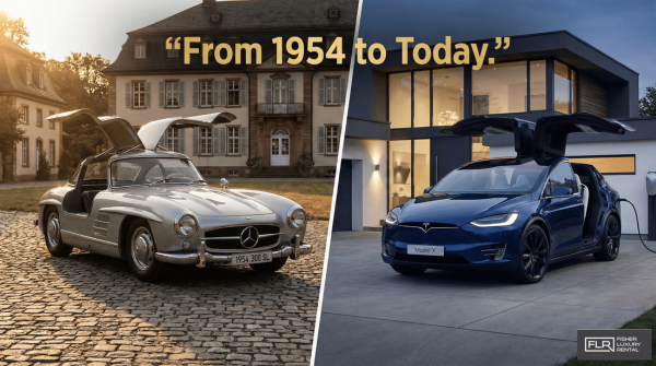 Classic Mercedes 300 SL and modern Tesla Model X with gullwing-style doors open.