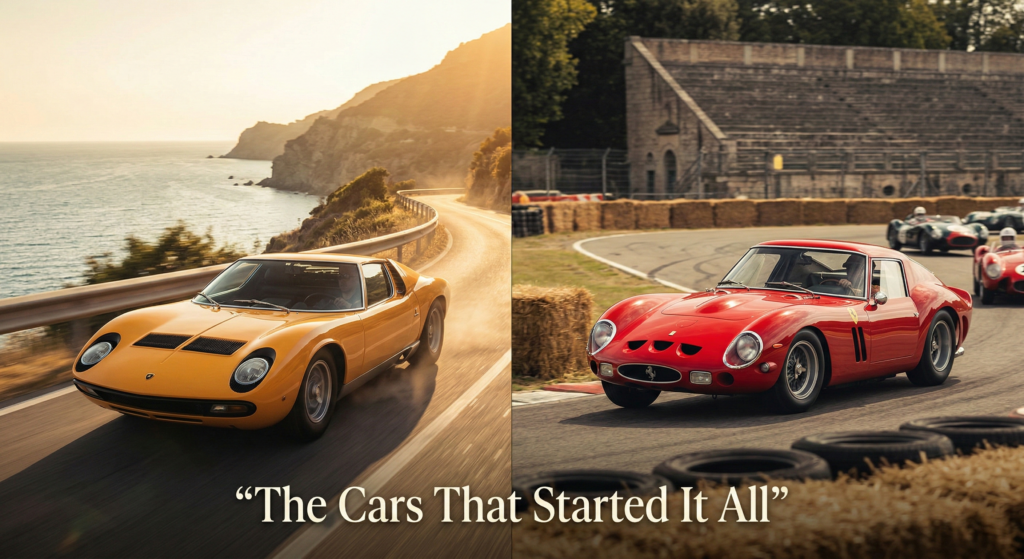 Lamborghini Miura and Ferrari 250 GTO representing early supercar innovation.