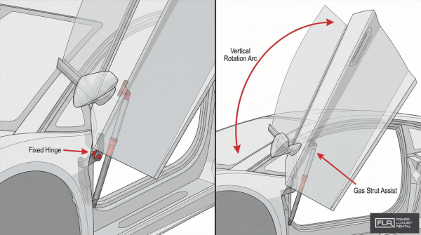 Technical diagram showing scissor door hinge and vertical opening arc.