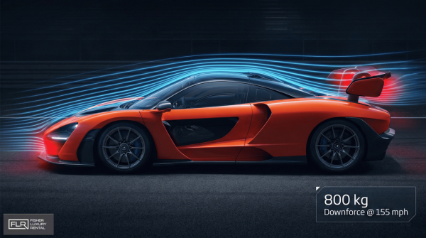 Supercar on track with airflow simulation showing downforce and rear wing deployment.