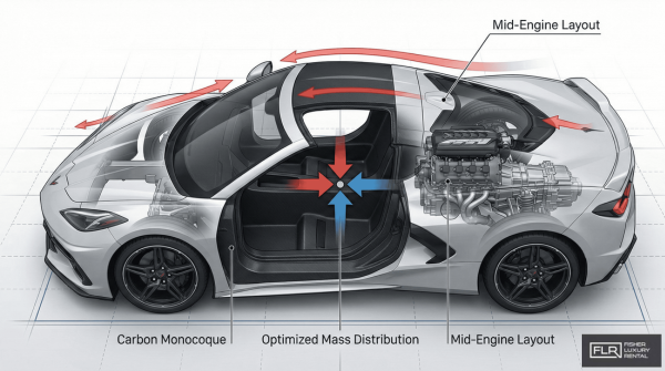 Cutaway diagram of a supercar showing carbon fiber chassis and mid-engine layout.