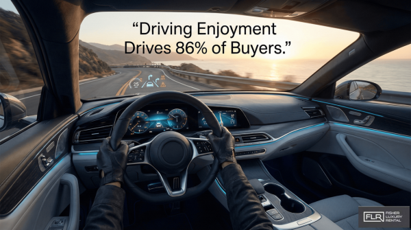 Luxury vehicle cockpit with digital dashboard and heads-up display while driving.