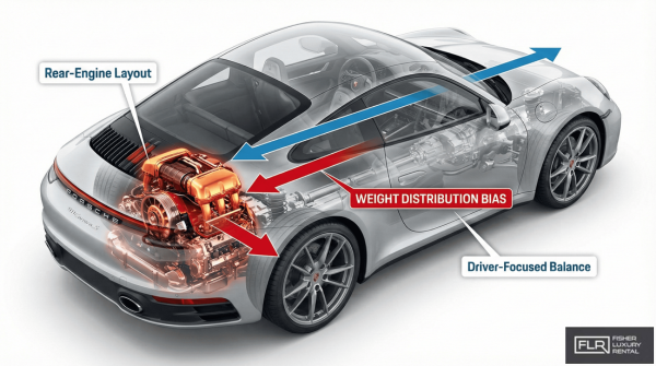 Diagram of Porsche 911 rear-engine layout showing weight distribution and flat-six placement.