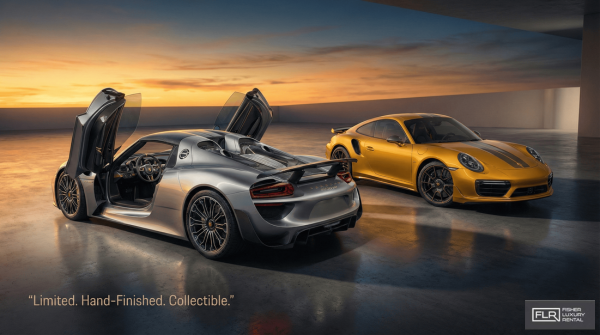 Porsche 918 Spyder and limited 911 Turbo S Exclusive Series in dramatic lighting.