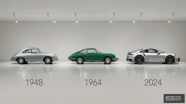 Three-generation Porsche lineup showing 356, classic 911, and modern 911 Turbo S.