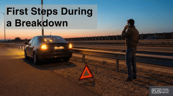Car stopped on roadside with hazard lights on and driver calling roadside assistance.