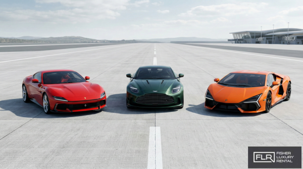 Aston Martin, Ferrari, and Lamborghini supercars lined up side by side.