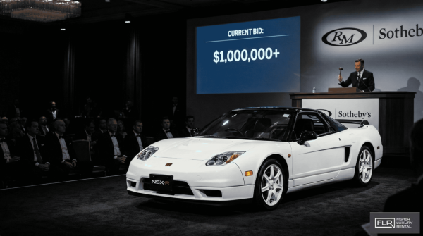 Honda NSX-R under spotlight at auction with seven-figure bid displayed.