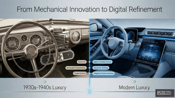 Side-by-side comparison of vintage and modern luxury car interiors showing technological evolution.