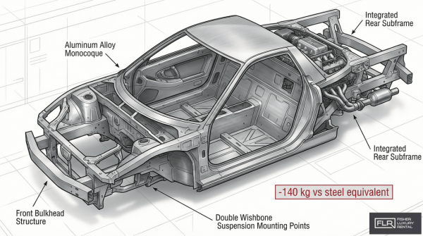 Cutaway illustration showing Honda NSX aluminum monocoque chassis and mid-engine layout.
