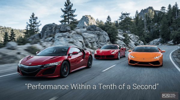 Honda NSX driving alongside Ferrari 488 GTB and Lamborghini Huracán on mountain road.