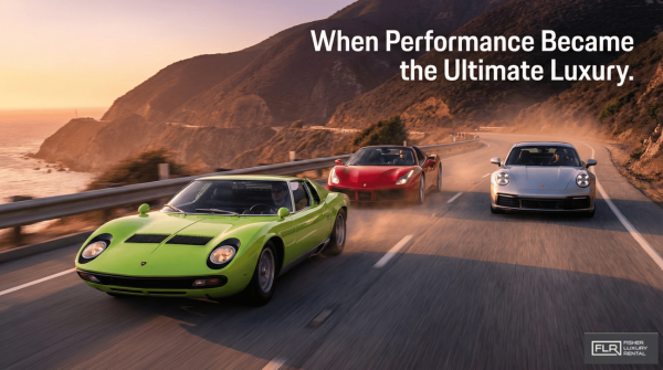 Classic Lamborghini Miura alongside modern Ferrari and Porsche performance cars on a scenic road.
