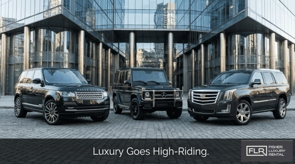 High-end luxury SUVs including Range Rover, G-Wagon, and Cadillac Escalade in a modern city setting.
