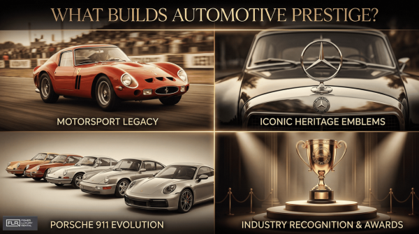 Collage showing Ferrari racing heritage, Porsche sports cars, and Mercedes-Benz emblem representing luxury brand prestige.