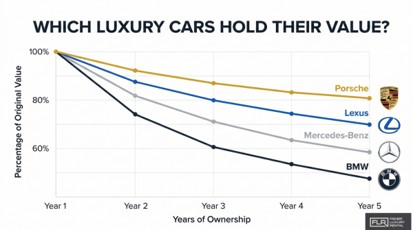 Line chart comparing five-year depreciation rates among Porsche, Lexus, Mercedes-Benz, and BMW.