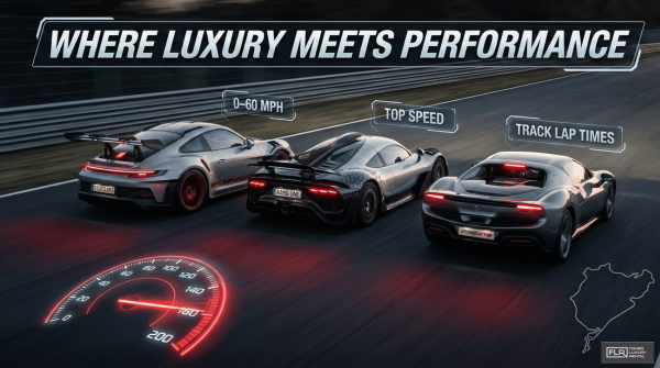 High-performance luxury sports cars accelerating on a racetrack representing speed and engineering benchmarks.
