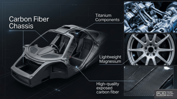 Technical diagram highlighting carbon fiber chassis and lightweight materials used in exotic cars.