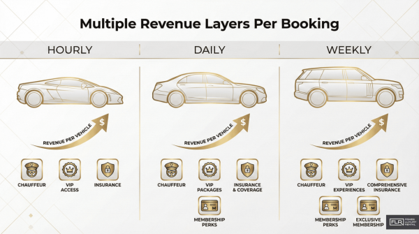 Infographic showing hourly, daily, and weekly rental tiers with add-on revenue icons.