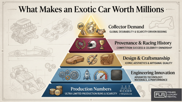 Infographic pyramid showing factors that influence rare exotic car value.