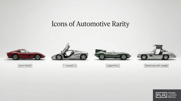 Gallery of historic rare exotic cars including Ferrari 250 GTO, McLaren F1, Jaguar D-Type and Mercedes 300SL Gullwing.