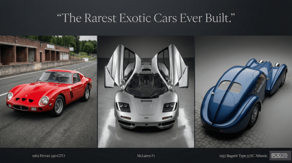 Three legendary rare exotic cars: Ferrari 250 GTO, McLaren F1, and Bugatti Type 57SC Atlantic.