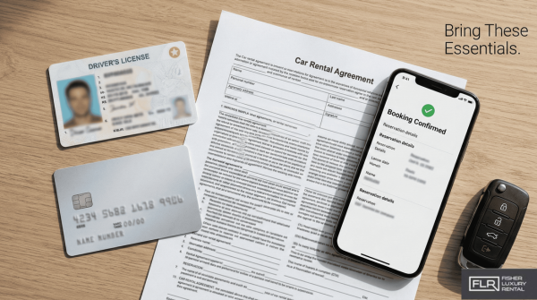 Flat lay of driver’s license, credit card, rental agreement, and smartphone confirmation.