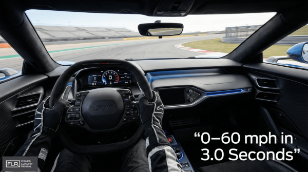 Driver’s perspective inside a Ford GT cockpit on a racetrack at speed.