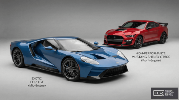 Ford GT and Mustang Shelby GT500 shown side by side highlighting structural differences.