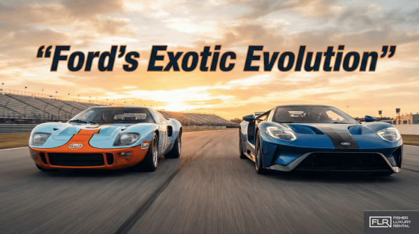 Classic Ford GT40 and modern Ford GT displayed side by side on a racetrack at sunset.