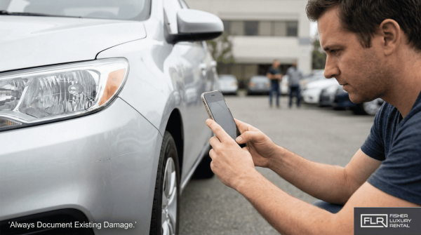 Person taking a photo of minor scratch on rental car before driving away.