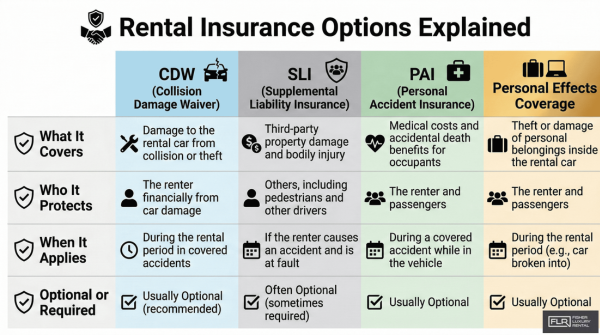 Comparison chart showing four types of rental car insurance and what they cover.