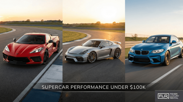 Chevrolet Corvette C8, Porsche 718 Cayman, and BMW M2 displayed on a racetrack at sunset.