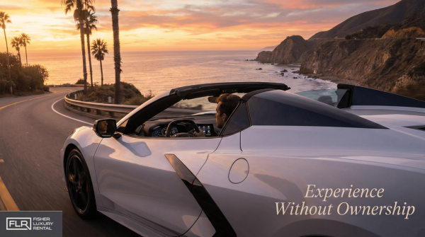 Corvette C8 Convertible driving along a coastal highway at sunset.
