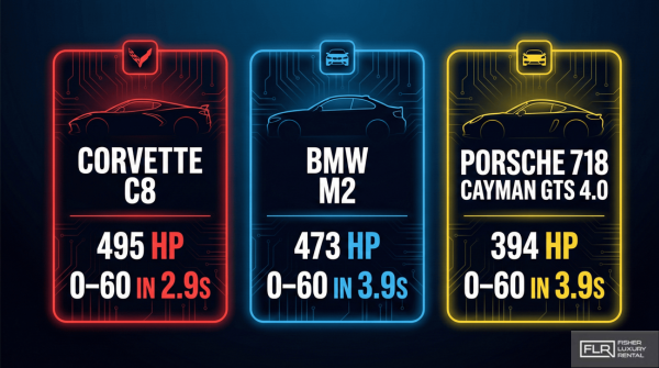 Infographic comparing horsepower and 0–60 times of Corvette C8, BMW M2, and Porsche 718 Cayman.