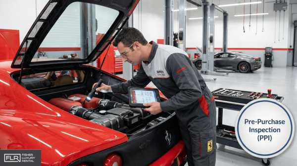 Mechanic inspecting a Ferrari 360 with hood open in a professional garage.