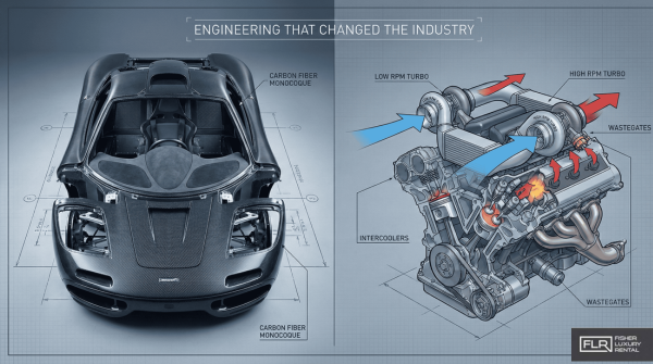 Carbon fiber chassis and twin-turbo engine cutaway illustration.
