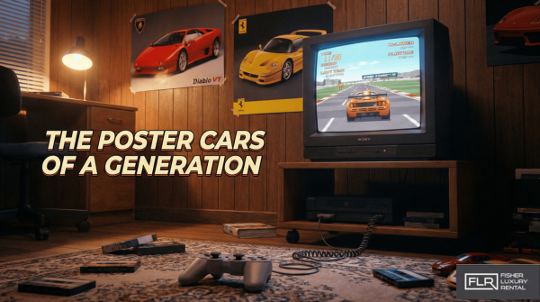 1990s bedroom with racing game and supercar posters.