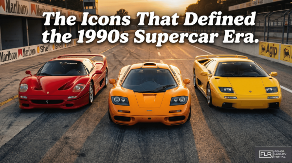 Three iconic 1990s supercars lined up on a racetrack at sunset.