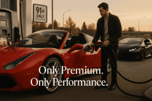 Exotic car being refueled with premium 91-octane gasoline at a Portland fuel station