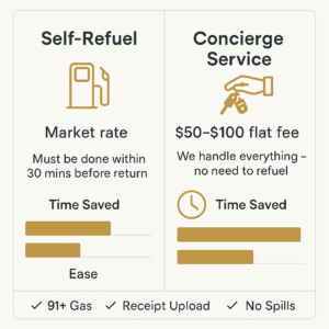 Infographic comparing self-refuel vs concierge fuel service for exotic car rentals