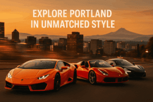 Line-up of exotic cars including Lamborghini, Ferrari, and McLaren with Portland skyline at sunset