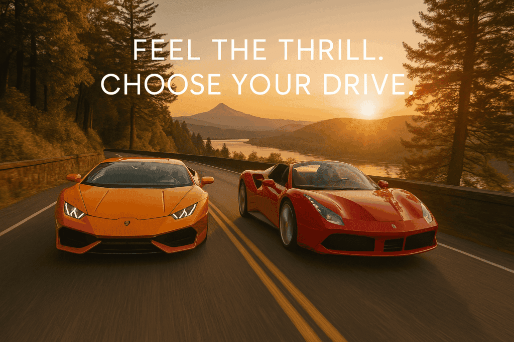Lamborghini and Ferrari driving through Portland’s scenic highway
