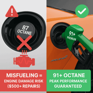 Comparison showing risks of misfueling exotic cars versus using premium gasoline