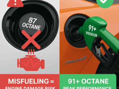Comparison showing risks of misfueling exotic cars versus using premium gasoline
