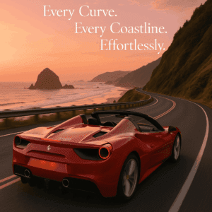 Exotic car driving along the Oregon Coast highway at sunset