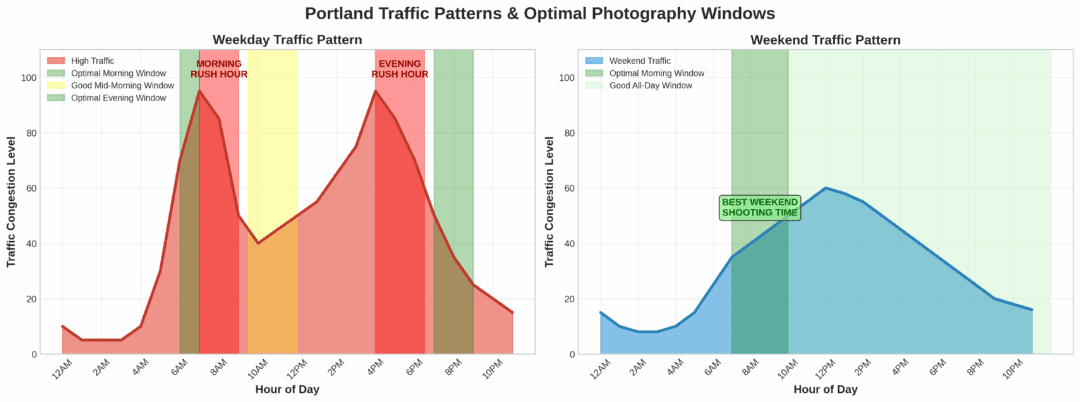 Portland weekday and weekend traffic patterns with optimal photography shooting windows highlighted