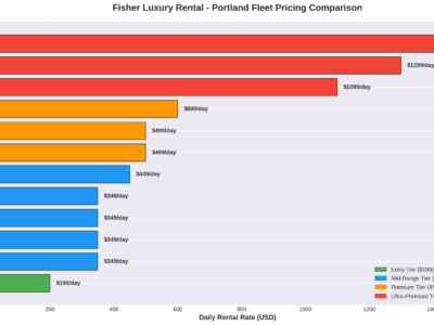Horizontal bar chart displaying Fisher Luxury Rental daily rates from $199 to $1,499 by vehicle model